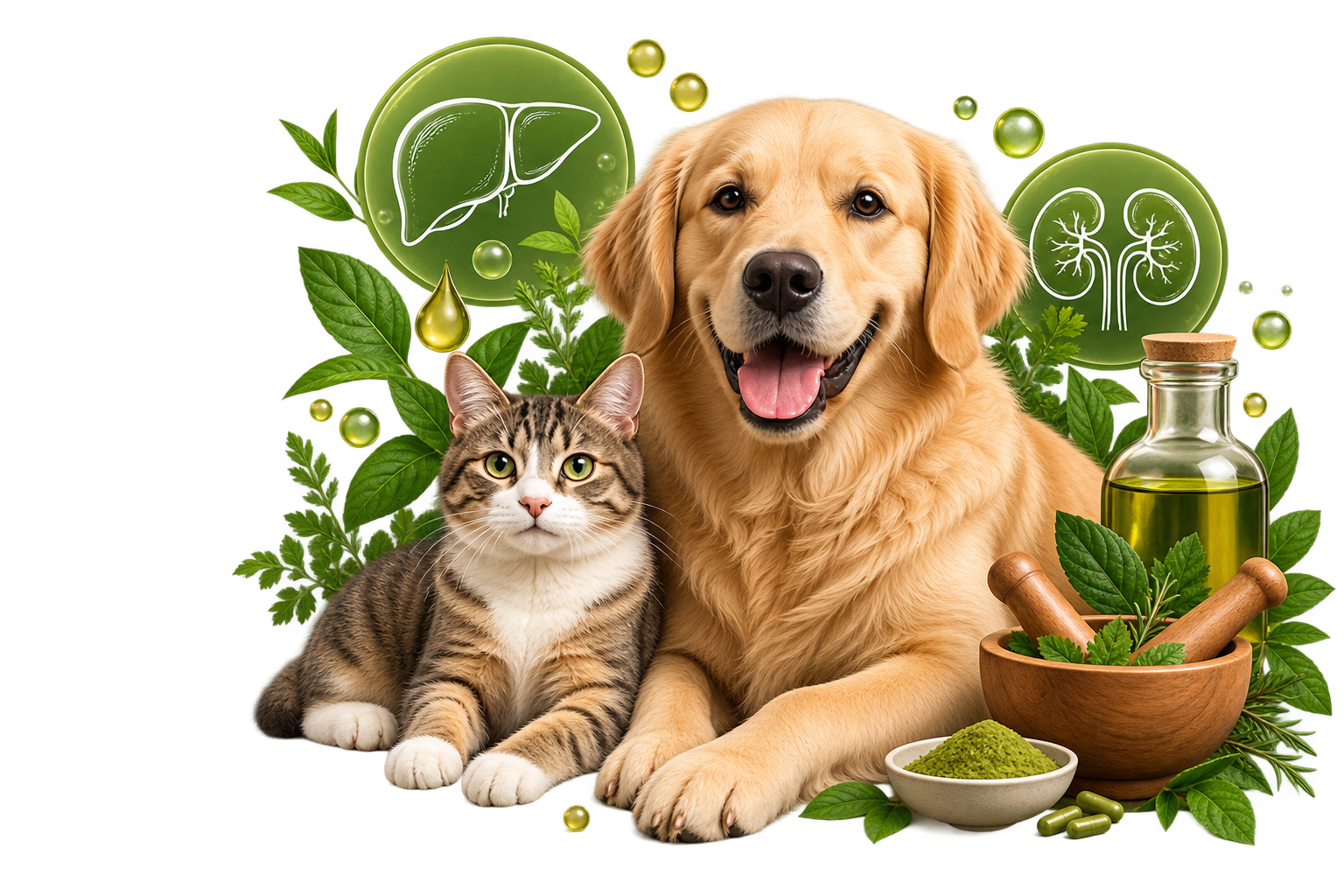 Cute dog and cat with holistic detox elements